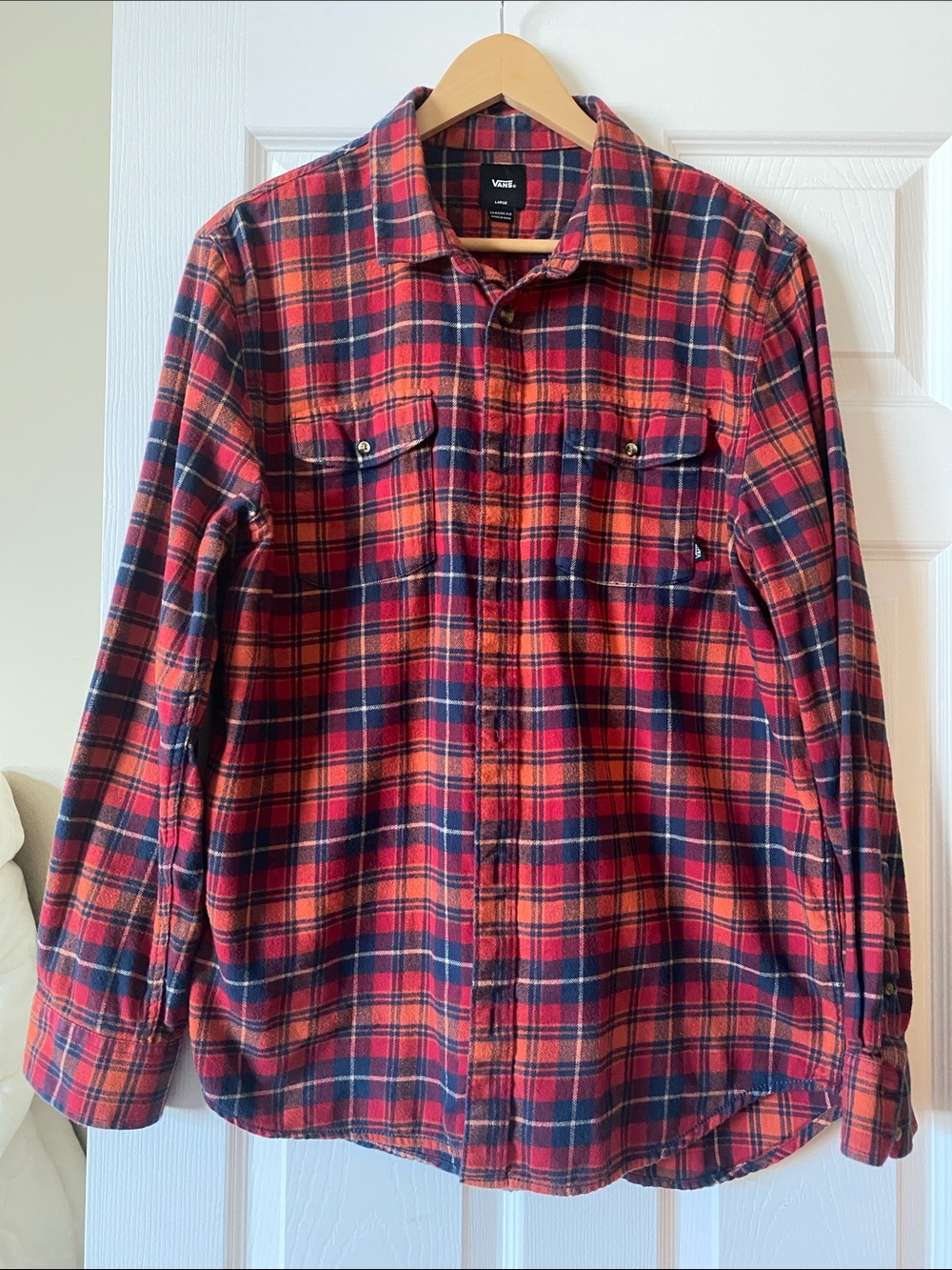 Vans Red and Navy Plaid Button‑Front Flannel Shirt